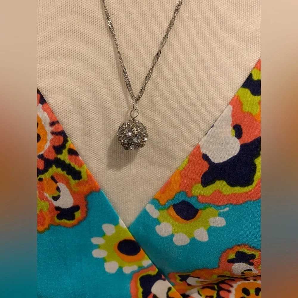 Crystal Ball Silver Necklace 24-27 inches long